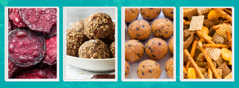 Collage of make-ahead road trip snacks including baked beet chips, no-bake energy bites, mini chocolate banana muffins, and Doo Dads snack mix.