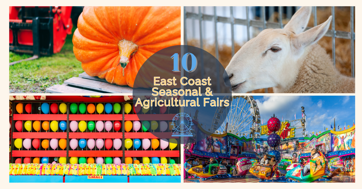 Collage of colorful scenes from seasonal and agricultural fairs, including a giant pumpkin, a sheep in a livestock barn, a balloon pop carnival game, and amusement park rides, with text overlay: '10 East Coast Seasonal & Agricultural Fairs.