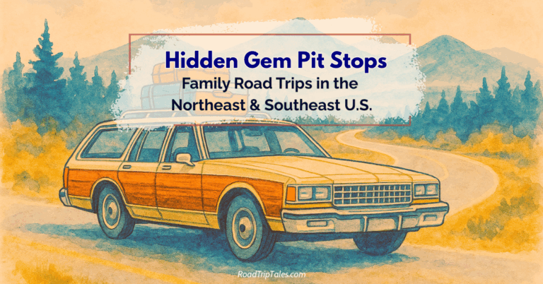 Watercolor illustration of a 1980s wood-paneled station wagon packed for a family road trip, driving along a scenic mountain highway.