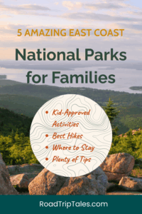 Photo of Cadillac Mountain at sunrise used in a Pinterest pin promoting family-friendly East Coast national parks with hikes, tips, and kid-approved activities.