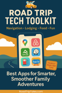 Vertical Pinterest graphic titled "Road Trip Tech Toolkit" featuring illustrated app icons like Google Maps, Airbnb, AllTrails, Waze, and Heads Up on a phone screen, with the subheading "Navigation • Lodging • Food