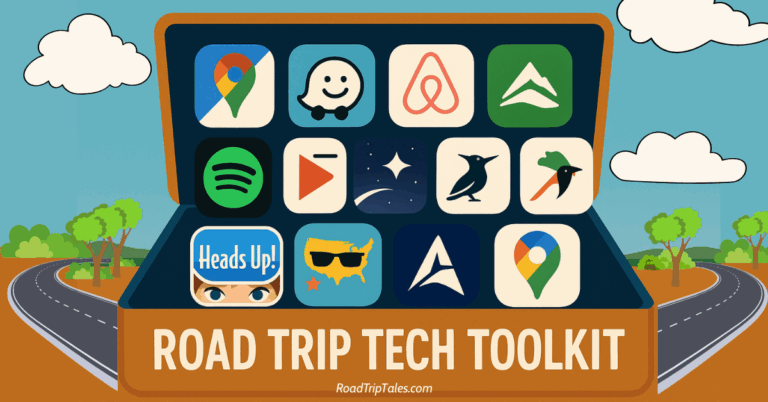 Illustration of a road trip tech toolkit with app icons like Google Maps, Waze, Airbnb, AllTrails, GuideAlong, and Heads Up displayed inside a colorful open toolbox, set against a scenic outdoor background.
