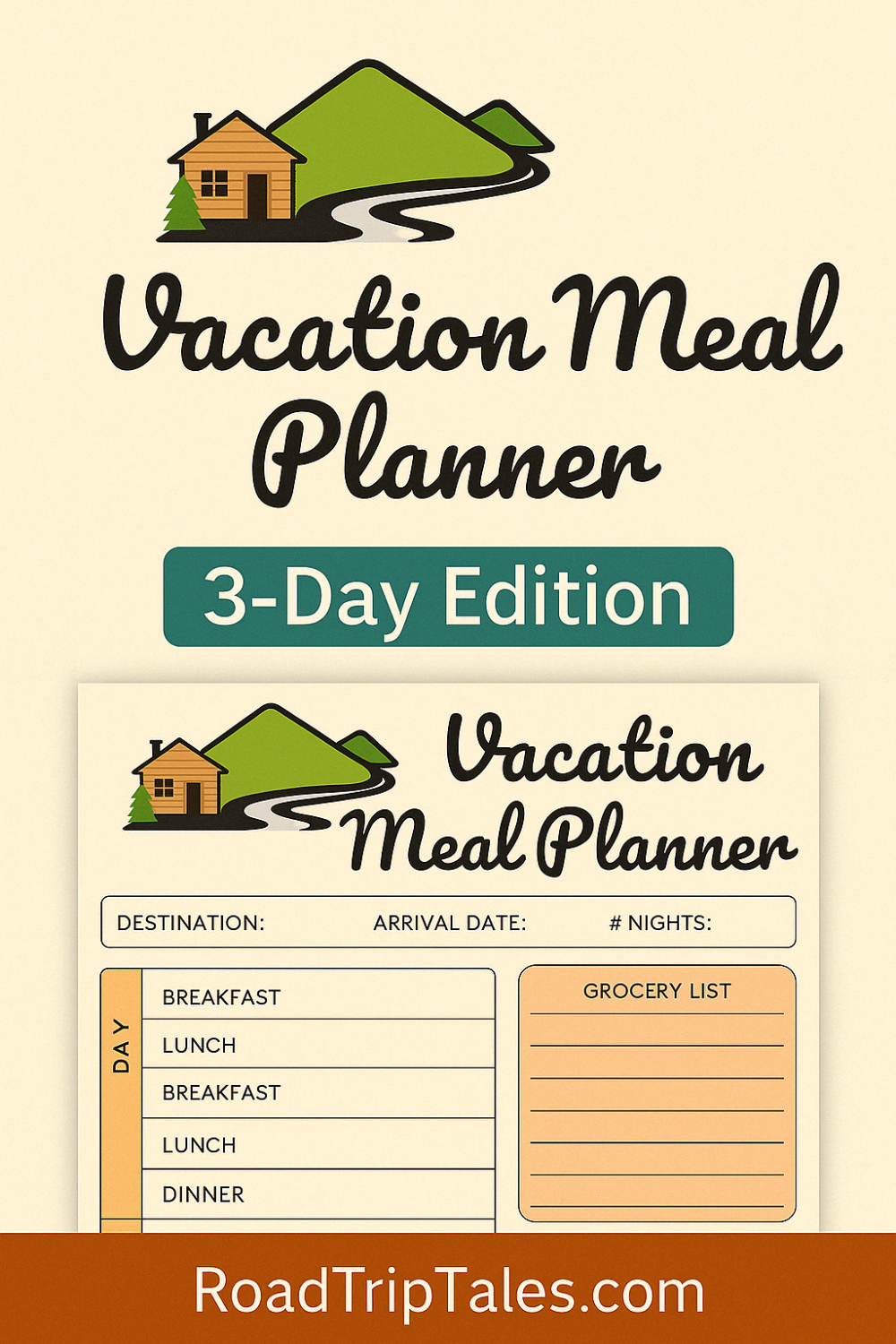 3-Day Vacation Meal Planner for your next Airbnb, VRBO, or extended stay hotel.