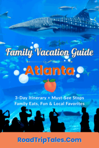Pinterest image featuring a whale shark at Georgia Aquarium with text overlay: “Family Vacation Guide – Atlanta” and RoadTripTales.com branding