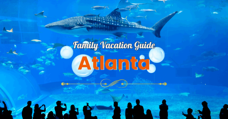 Whale shark swimming at Georgia Aquarium with silhouetted families watching – featured image for Atlanta family vacation guide