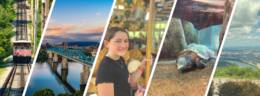 Collage of Chattanooga photos. Incline Railway, Walnut Street Bridge, Coolidge Park Carousel, TN Aquarium, and Point Park