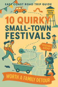 Colorful, retro-inspired digital illustration showing quirky small-town festival icons like a bathtub race, worm grunting, and wife carrying, with bold text that reads “10 Quirky Small-Town Festivals” on a road trip–themed background.