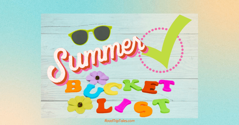 Colorful plastic letters spelling “Summer Bucket List” on a white wooden background, with a green checkmark graphic.