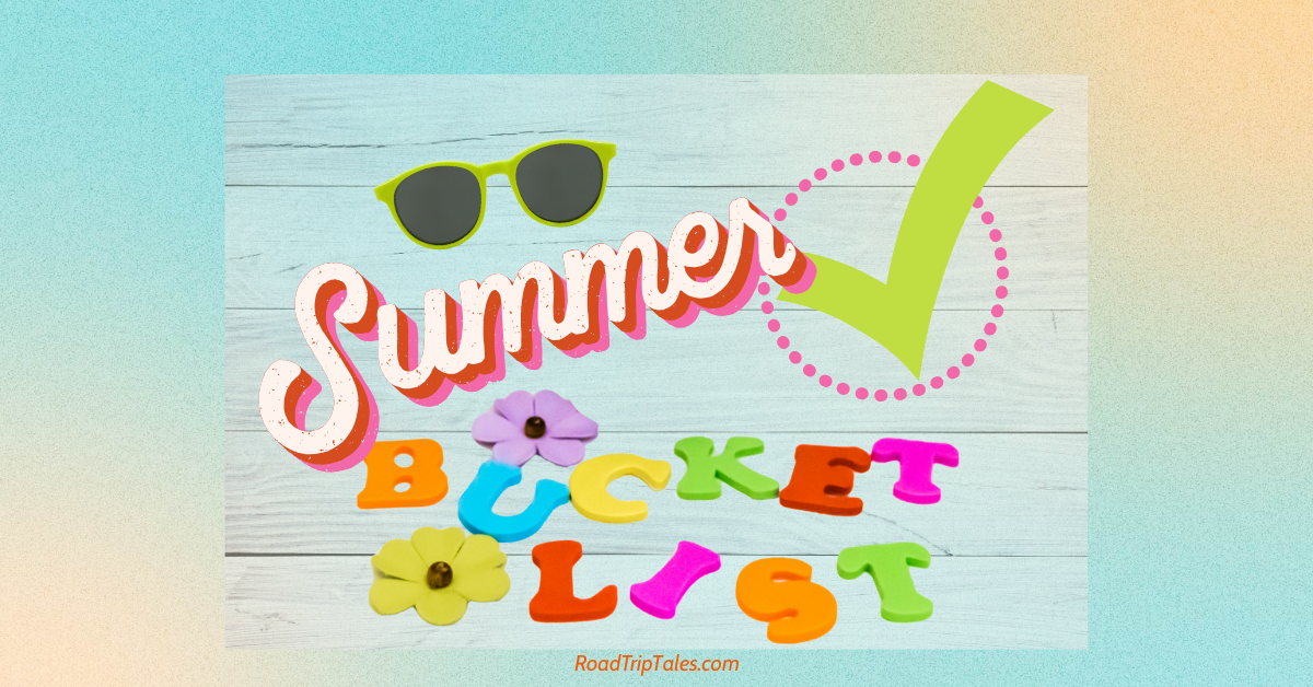 Colorful plastic letters spelling “Summer Bucket List” on a white wooden background, with a green checkmark graphic.