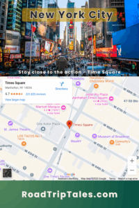 Map of Times Square overlaid with a photo of the area, showing nearby hotels, attractions, and a tip to stay close to the action.