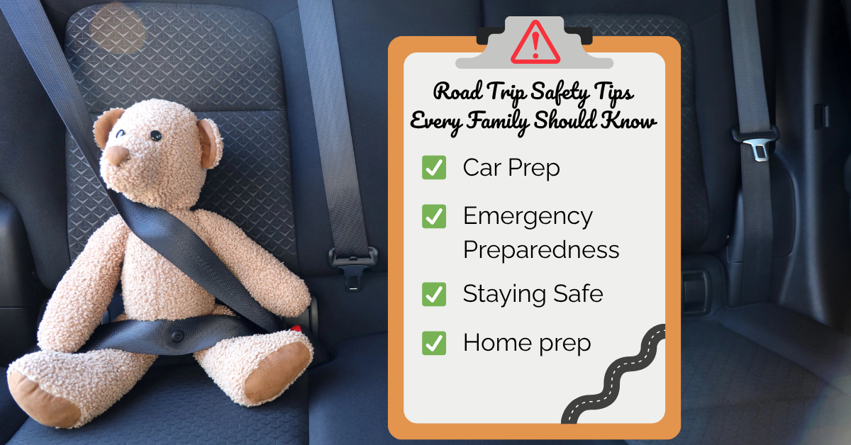 Teddy bear buckled into the backseat of a car—symbolizing family road trip safety