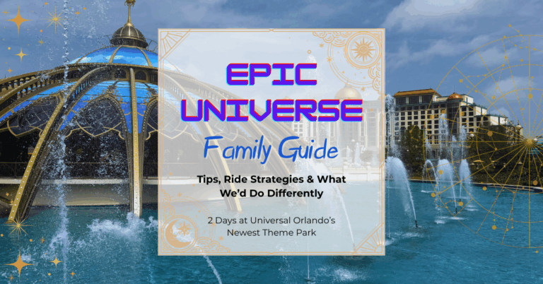Fountain show in front of the Grand Helios Hotel at Universal’s Epic Universe with a celestial-themed overlay promoting a family guide.