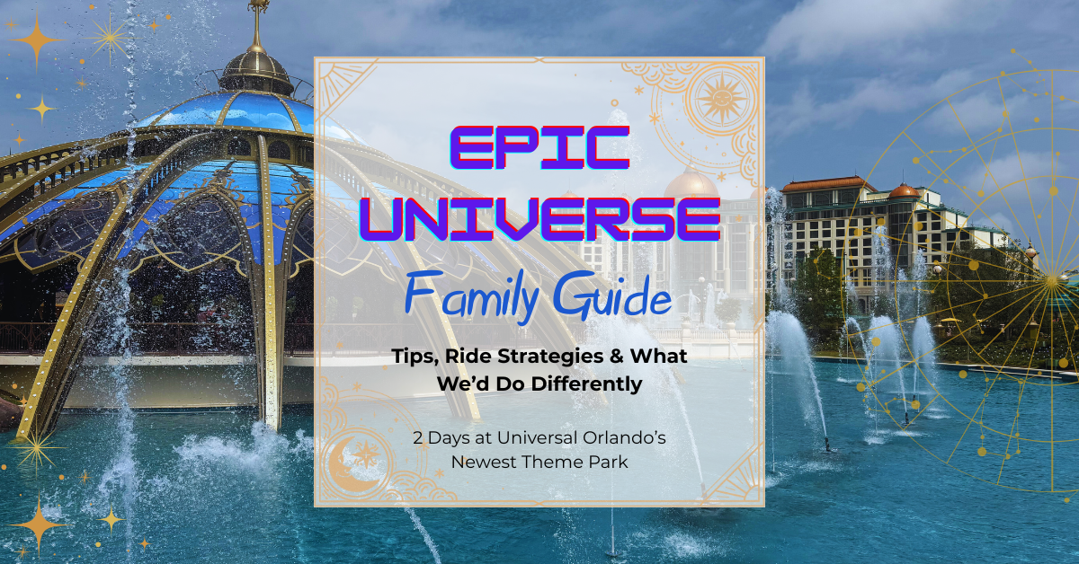 Fountain show in front of the Grand Helios Hotel at Universal’s Epic Universe with a celestial-themed overlay promoting a family guide.