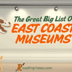 A dinosaur skeleton next to a museum wall with the title “The Great Big List of East Coast Museums” in bold lettering.