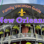 Family vacation guide to New Orleans – French Quarter building with Mardi Gras beads and festive mask overlay