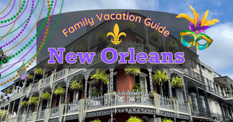 Family vacation guide to New Orleans – French Quarter building with Mardi Gras beads and festive mask overlay