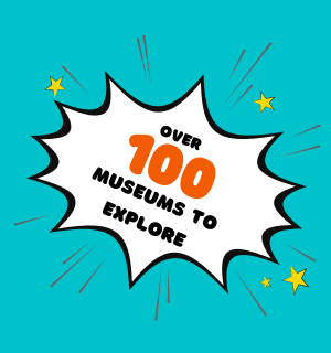 Comic book bubble with caption "Over 100 Museums to Explore" for East Coast Museums.