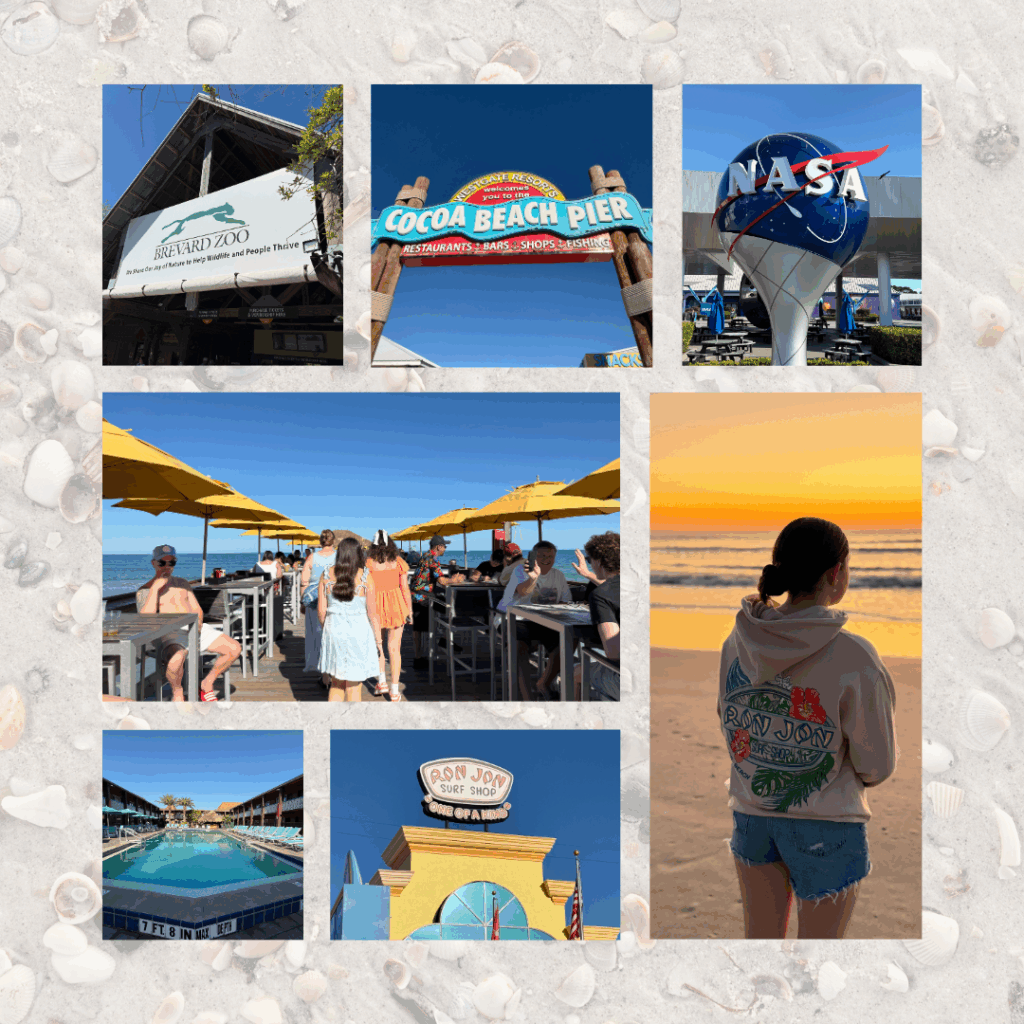 Photo collage of a Cocoa Beach vacation. Brevard Zoo, Cocoa Beach Pier, and Nasa. 