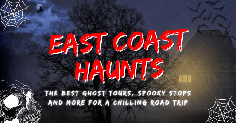 Spooky East Coast Haunts graphic with skull, bats, haunted house, and tagline for ghost tours and road trips.