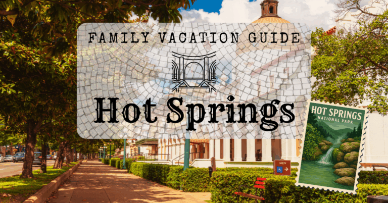 Featured image for Hot Springs Family Vacation Guide showing Bathhouse Row sidewalk, tree-lined street, and vintage-style Hot Springs National Park stamp.
