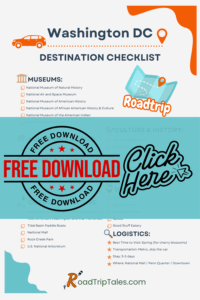 Washington DC family travel checklist Pinterest pin featuring top attractions, museums, dining, and outdoor activities. Includes bold “Free Download” button with clickable callout. RoadTripTales.com logo at bottom.