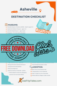 Free downloadable Asheville family travel checklist featuring top museums, outdoor adventures, local eats, and kid-friendly entertainment.