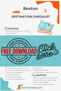Illustrated Pinterest pin promoting a free printable Boston destination checklist for families. Includes icons and categories like museums, outdoor activities, food, and entertainment.