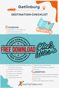 Printable Gatlinburg destination checklist featuring family-friendly attractions, outdoor adventures, dining picks, and travel tips for visiting the Smoky Mountains.
