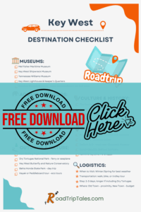 Printable Key West destination checklist for families, featuring top museums, beaches, outdoor activities, and places to eat. A free download from RoadTripTales.com.