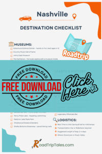Printable Nashville family travel checklist featuring top attractions like museums, parks, food spots, and must-do activities. Includes icons and a free download button for easy trip planning