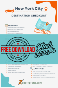 Printable New York City family travel checklist featuring top museums, zoos, attractions, outdoor activities, dining, and logistics tips for a family vacation.