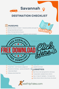 Colorful Pinterest graphic promoting a free downloadable checklist for family travel to Savannah, Georgia, includes museums, outdoor activities, and kid-friendly tips.