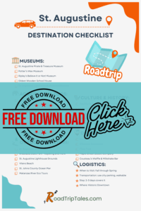 Pinterest graphic of a St. Augustine family vacation checklist featuring top museums, outdoor activities, historic sites, dining, and travel tips. Includes a “Free Download” button from RoadTripTales.com.