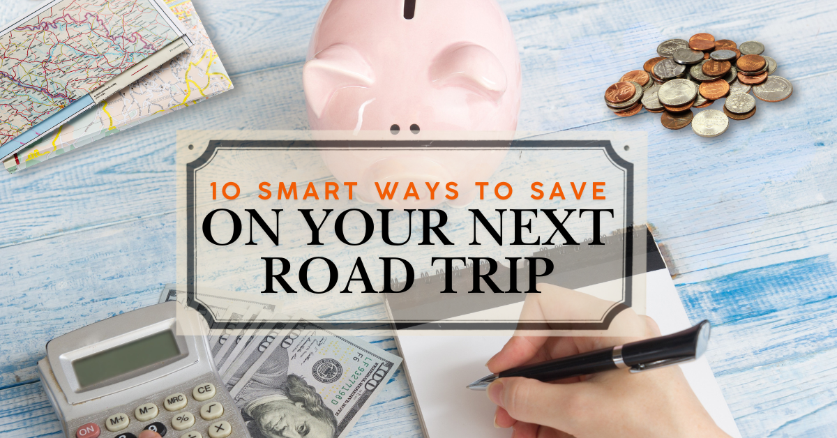 iggy bank, coins, and travel planner items symbolizing tips for saving money on a family road trip.
