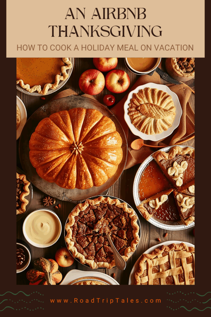 Thanksgiving pies and pumpkin desserts arranged on a rustic table with apples and fall decor, promoting an Airbnb Thanksgiving guide on how to cook a holiday meal while on vacation.
