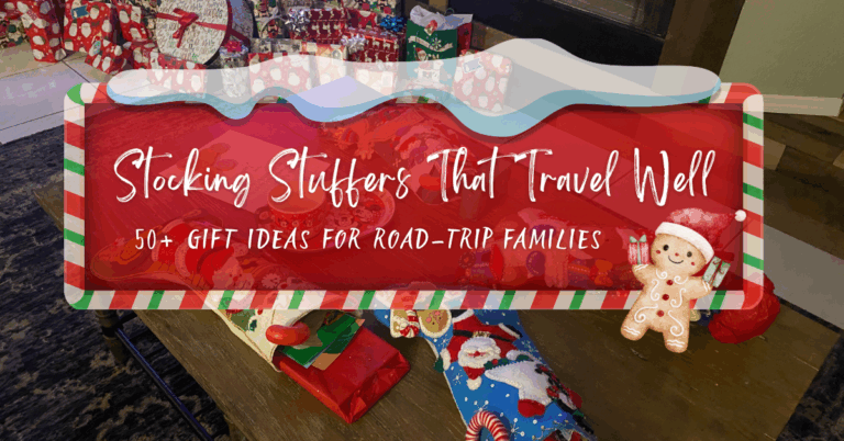 Stocking Stuffers That Travel Well, over 50 gift ideas, holiday banner over Christmas stockings and wrapped presents.