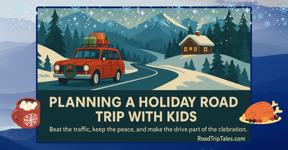 Retro red car loaded with gifts driving through snowy mountain road toward a cozy cabin, with text ‘Planning a Holiday Road Trip with Kids’ across the bottom.