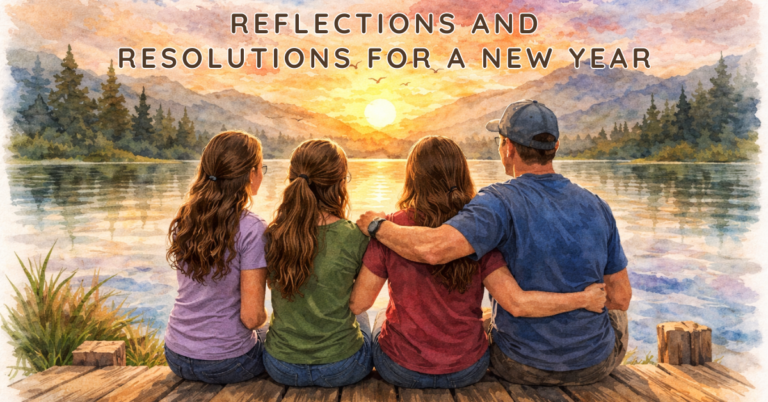 Watercolor illustration of a mom, dad, and two teenage daughters sitting on a dock, watching a sunset over a mountain lake.