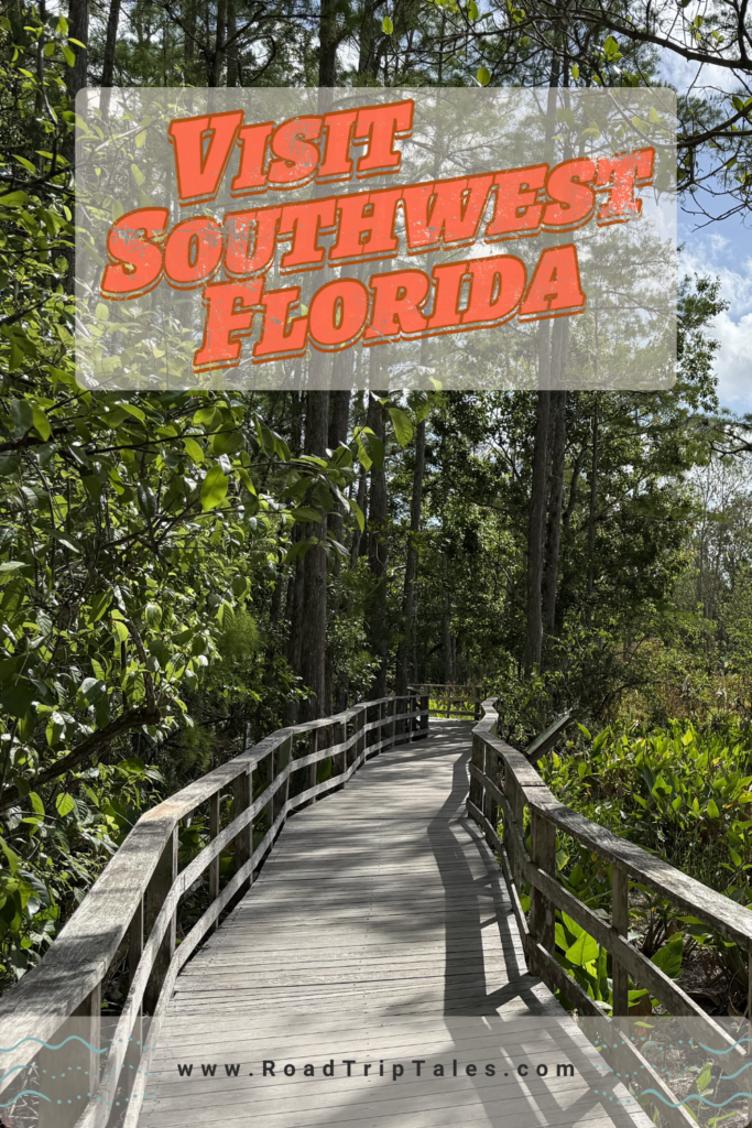 RoadTripTales.com pin of a wooded boardwalk in Southwest florida