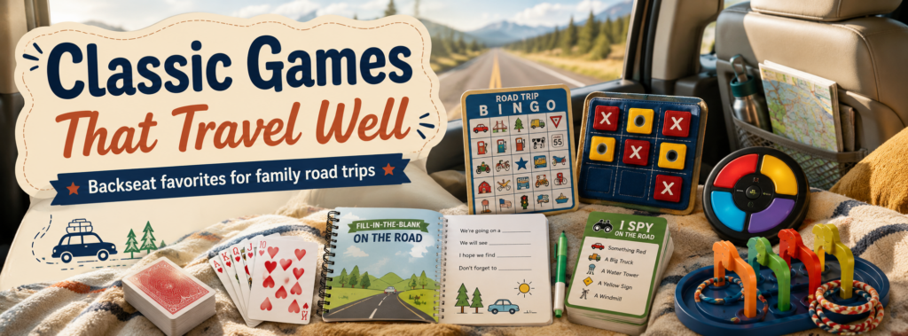 Classic travel games for kids arranged in a car backseat, including bingo, cards, tic-tac-toe, road trip activity books, and family-friendly games.
