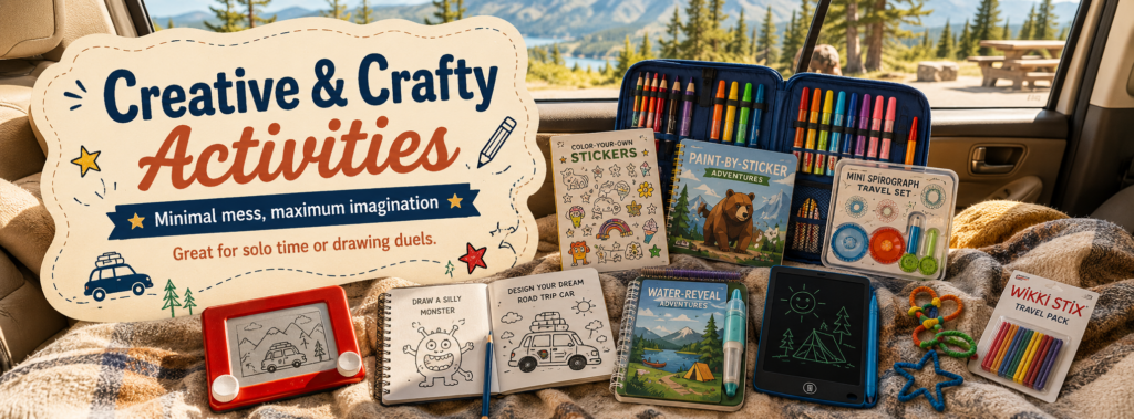 Creative road trip activities for kids arranged in a parked car, including art supplies, sticker books, doodle pads, water-reveal books, and Wikki Stix.