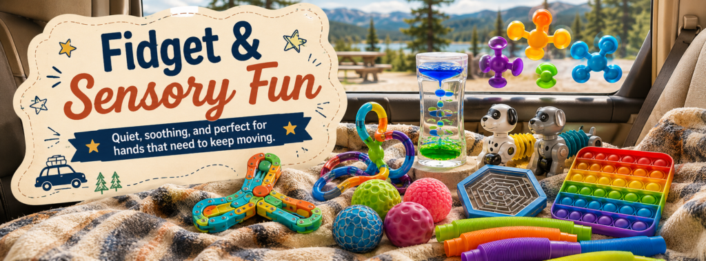 Fidget and sensory toys for kids displayed in a parked car, including pop tubes, pop-it toys, squishy balls, tangle toys, suction toys, and a liquid motion bubbler.