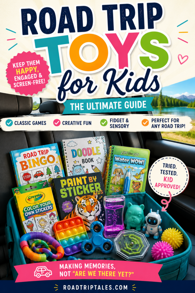 Colorful Pinterest pin for a kids road trip toys guide featuring travel bingo, doodle books, sticker activities, water-reveal books, fidget toys, and sensory toys arranged in a car backseat with bold text promoting screen-free road trip fun for kids.